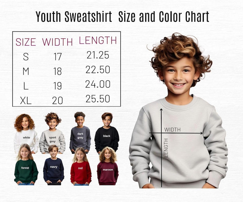 Puede incluir: Tabla de tallas y colores de sudaderas para ni&ntilde;os. La tabla muestra las tallas S, M, L y XL con las medidas de ancho y largo en pulgadas. Las opciones de color incluyen blanco, gris deportivo, gris oscuro, negro, bosque, azul marino, rojo y granate.