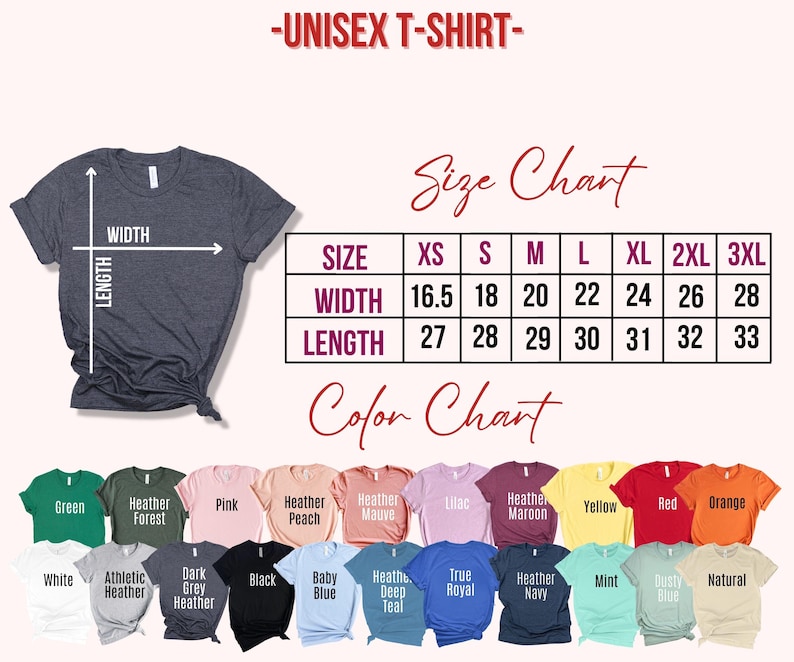 Puede incluir: Una camiseta unisex gris oscuro con una tabla de tallas y una tabla de colores. La tabla de tallas muestra medidas para tallas XS a 3XL, con anchos de 42 a 71 cm y largos de 69 a 84 cm. La tabla de colores muestra varios colores de camisetas.