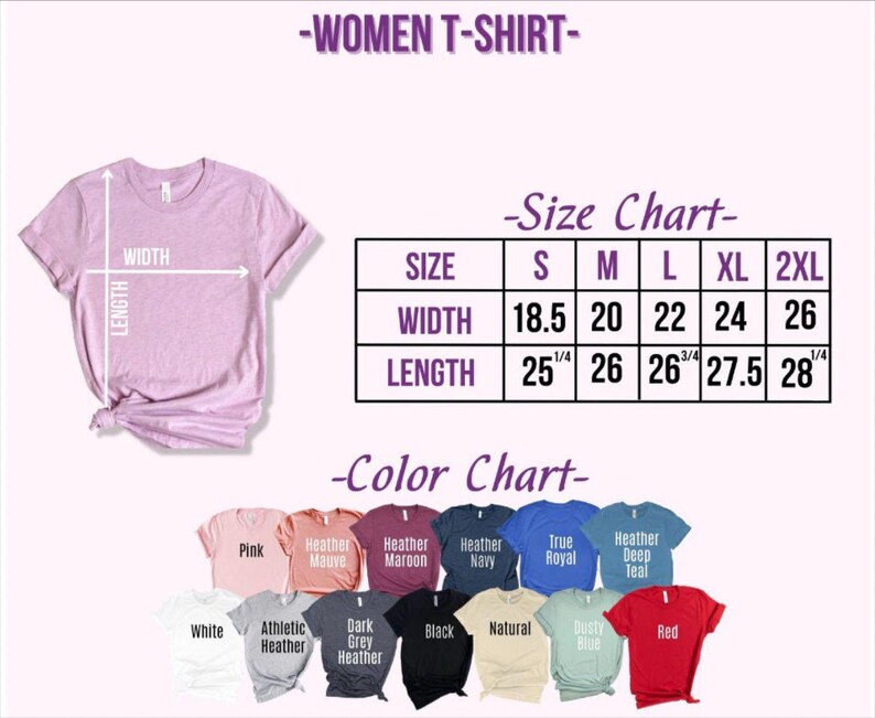 Pode incluir: Tabela de tamanhos para uma camiseta feminina com medidas em polegadas. A tabela mostra a largura e o comprimento da camiseta nos tamanhos S, M, L, XL e 2XL. Uma tabela de cores mostra as diferentes cores dispon&iacute;veis para a camiseta, incluindo rosa, malva mesclado, marrom mesclado, azul marinho mesclado, azul royal, azul teal mesclado, branco, mesclado atl&eacute;tico, cinza escuro mesclado, preto, natural, azul poeira e vermelho.