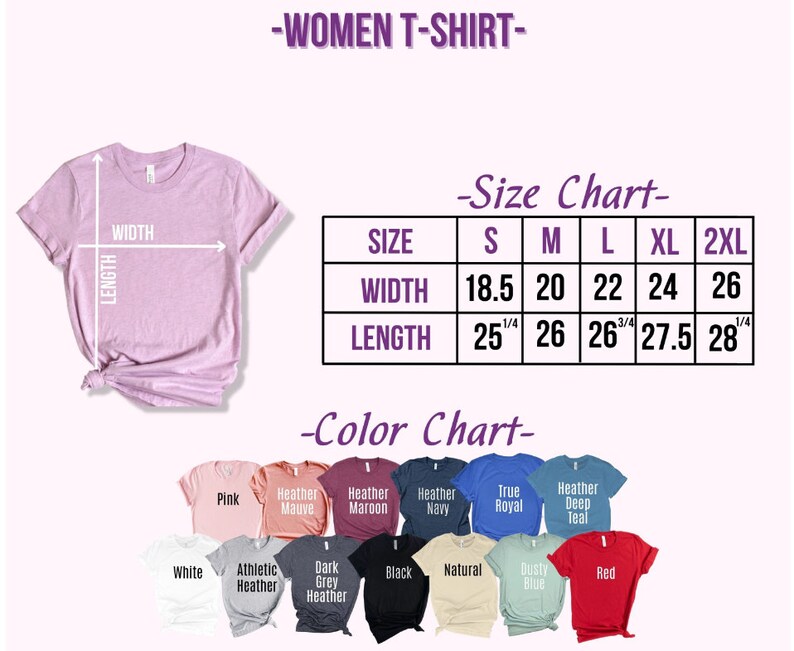 May include: Size chart for a women's t-shirt with measurements in inches. The chart shows the width and length of the shirt in sizes S, M, L, XL, and 2XL. A color chart shows 12 different colors of t-shirts, including pink, heather mauve, heather maroon, heather navy, true royal, heather deep teal, white, athletic heather, dark grey heather, black, natural, dusty blue, and red.