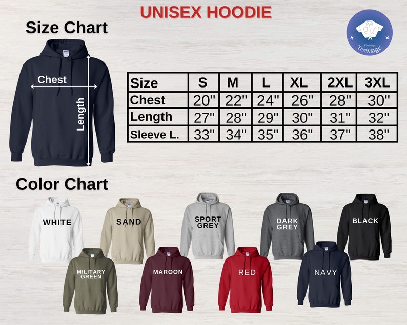 Puede incluir: Imagen de una sudadera con capucha unisex con una tabla de tallas y opciones de color. La tabla de tallas muestra las medidas de pecho, largo y manga en pulgadas. Las opciones de color incluyen blanco, arena, gris deportivo, gris oscuro, negro, verde militar, granate, rojo y marino.