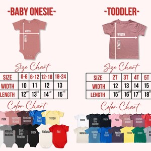 Puede incluir: Una tabla de tallas y colores para bodies de beb&eacute; y camisetas para ni&ntilde;os peque&ntilde;os. La tabla incluye medidas de ancho y largo en cm, y una tabla de colores con varias opciones como rosa, negro y rojo.