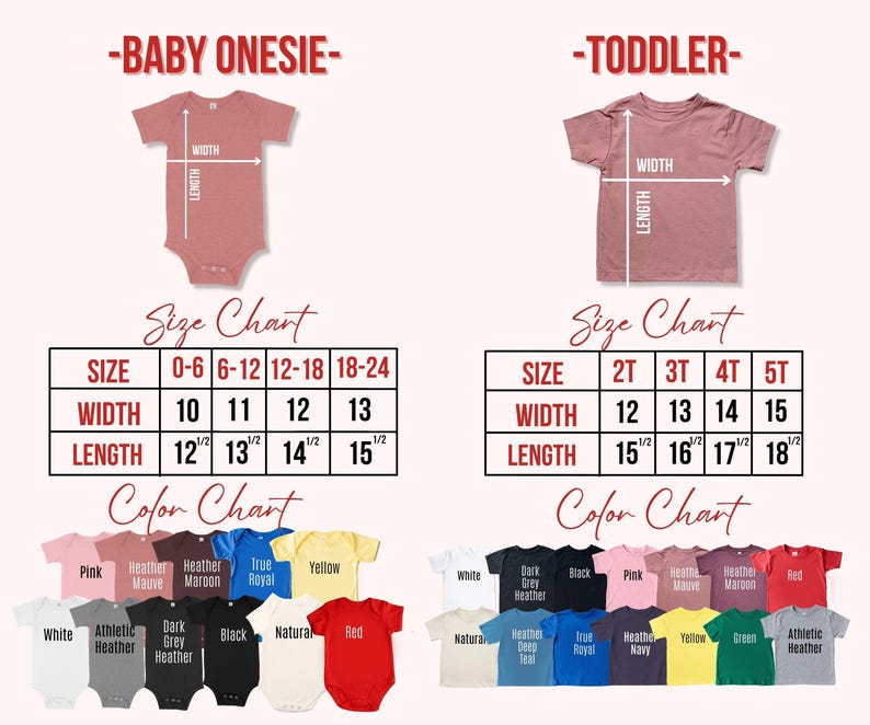 Puede incluir: Una tabla de tallas y colores para bodies de beb&eacute; y camisetas para ni&ntilde;os peque&ntilde;os. La tabla incluye medidas de ancho y largo en cm, y una tabla de colores con varias opciones como rosa, negro y rojo.