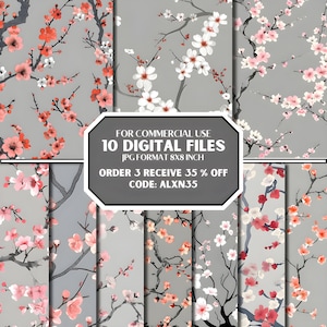 Könnte beinhalten: Zehn digitale Dateien eines nahtlosen Musters mit rosa und weißen Kirschblüten auf grauem Hintergrund. Die Dateien sind 8x8 Zoll groß und im JPG-Format. Der Text "FOR COMMERCIAL USE", "10 DIGITAL FILES", "JPG FORMAT 8X8 INCH", "ORDER 3 RECEIVE 35% OFF" und "CODE: ALXN35" wird auf einem weißen Banner angezeigt.
