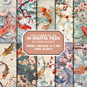 May include: A digital art collection featuring ten unique designs. Each design showcases koi fish, cherry blossoms, and flowing water in shades of red, gold, and blue. The JPG files are 8x8 inches.