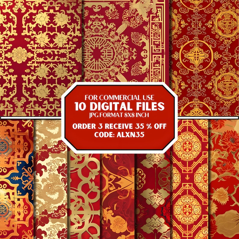 Chinoiserie Digital Paper, Chinese Red and Gold Patterns,chinese ...