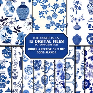 May include: A set of 12 digital files showcasing blue and white floral and vase patterns. The JPG files are 20.32cm x 20.32cm. The image includes text that says "FOR COMMERCIAL USE" and "ORDER 3 RECEIVE 35% OFF CODE: ALXN35".