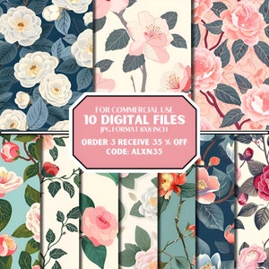 10 Floral Printable Paper Seamless Patterns Instant Digital Download Floral Scrapbook 300DPI Commercial Use