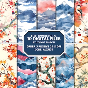 Japanese Nature Art, Japanese Watercolored Pattern, Seamless Pattern, 300 DPI, Commercial Use