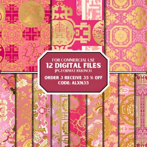 May include: Twelve digital paper designs featuring pink and gold Chinese-inspired patterns. The patterns include flowers, geometric shapes, and traditional Chinese characters. The text on the image reads "FOR COMMERCIAL USE 12 DIGITAL FILES JPG FORMAT 8X8 INCH ORDER 3 RECEIVE 35% OFF CODE: ALXN35".