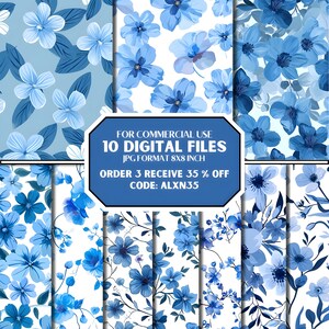 Flowers Digital Paper, Blue Flowers Seamless Pattern, Digital Seamless File, Digital Files, 300 DPI, for commercial use
