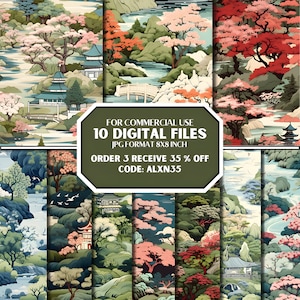 Traditioneller japanischer Garten, alter japanischer Stil, nahtloses Muster, digitale nahtlose Datei, digitale Dateien, japanisches nahtloses Muster