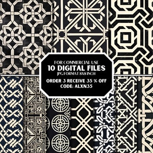 May include: Ten digital files of black and white geometric patterns. Each pattern is 8x8 inches. The text reads "FOR COMMERCIAL USE 10 DIGITAL FILES JPG FORMAT 8X8 INCH ORDER 3 RECEIVE 35% OFF CODE: ALXN35"