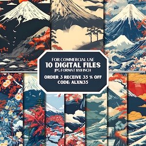 Fuji Berg Nahtloses Muster, Japanstil, Nahtloses Muster, Digitale Seamless-Datei, Digitale Dateien, 300 DPI, Japanisches Nahtloses Muster