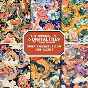 Op de afbeelding: Zes digitale papierontwerpen met gedetailleerde illustraties van gouden en blauwe draken met bloemmotieven. De ontwerpen zijn 8x8 inch groot en zijn beschikbaar voor commercieel gebruik. Bestel 3 en ontvang 35% korting met code ALXN35.