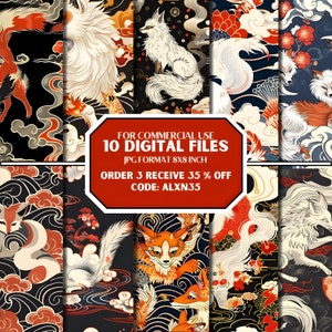 Japanisches Kitsune, Japanischer Stil, Nahtloses Muster, Digitale Seamless Datei, Digitale Dateien, Japanisches Nahtloses Muster