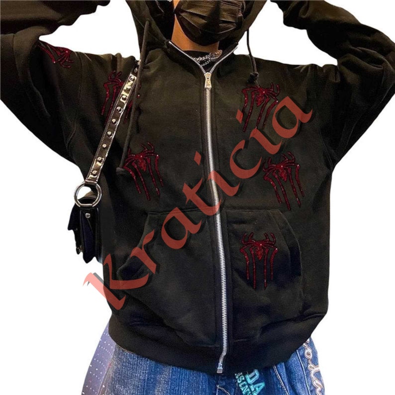 Y2K Rhinestone Spider Zip up Hoodie Y2K Rhinestone Spider Long Zip ...