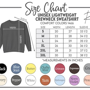 Op de afbeelding: Een maattabel voor een unisex lichtgewicht crewneck sweatshirt. De tabel bevat afmetingen in inches voor maten S tot 3XL. Beschikbare kleuren zijn zwart, blue jean, boter, krijtachtige munt, karmozijnrood, espresso, grijs, ivoor, peper, wit, yam, hortensia, noen violet en perzik.