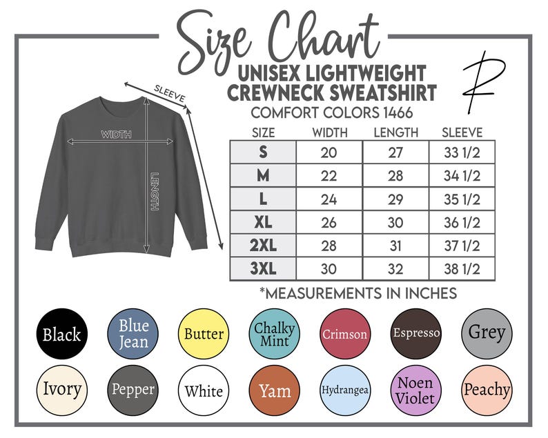 Op de afbeelding: Een maattabel voor een unisex lichtgewicht crewneck sweatshirt. De tabel bevat afmetingen in inches voor maten S tot 3XL. Beschikbare kleuren zijn zwart, blue jean, boter, krijtachtige munt, karmozijnrood, espresso, grijs, ivoor, peper, wit, yam, hortensia, noen violet en perzik.