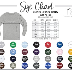 May include: A light gray long-sleeve unisex jersey tee shirt with a size chart. The chart lists measurements in inches for width, length, and sleeve length. Color options include black, red, and green.