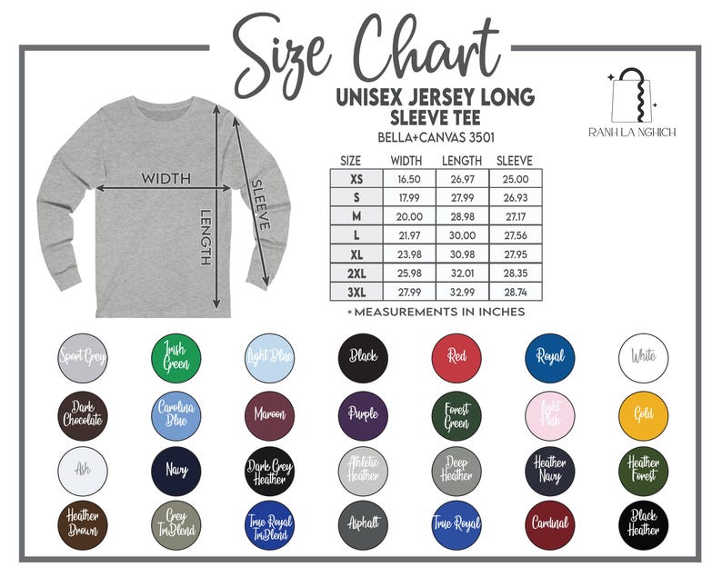 May include: A light gray long-sleeve unisex jersey tee shirt with a size chart. The chart lists measurements in inches for width, length, and sleeve length. Color options include black, red, and green.