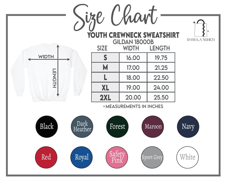 Pode incluir: Tabela de tamanhos para um moletom juvenil com gola careca, Gildan 18000B. Inclui medidas em polegadas para os tamanhos S a 2XL. As op&ccedil;&otilde;es de cores s&atilde;o exibidas em c&iacute;rculos: preto, cinza escuro, floresta, bord&ocirc;, marinho, vermelho, royal, rosa de seguran&ccedil;a, cinza desportivo e branco.