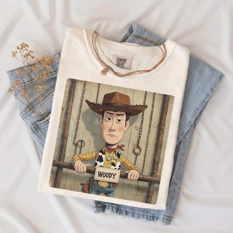 May include: A white t-shirt featuring a graphic print of a cowboy character wearing a brown hat, a yellow shirt with a cow-print vest, and a sign that reads "WOODY". The shirt has a crew neckline and a Comfort Colors brand label at the neck.
