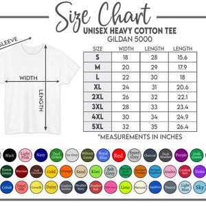 May include: A Gildan 5000 unisex heavy cotton tee size chart with a white t-shirt illustration, a table listing sizes S through 5XL with width and length measurements in inches, and a color palette of numerous circular color swatches.