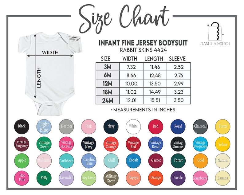 May include: White infant fine jersey bodysuit with a size chart. The chart displays measurements in inches for width, length, and sleeve for sizes 3M to 24M. Color swatches are shown below the chart.