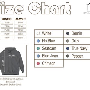Pode incluir: Uma tabela de tamanhos para um moletom unissex tingido, Comfort Colors 1567. O gr&aacute;fico exibe medidas em polegadas para tamanhos de S a 2XL. As op&ccedil;&otilde;es de cores incluem Branco, Flo Blue, Seafoam, Blue Jean e Crimson.