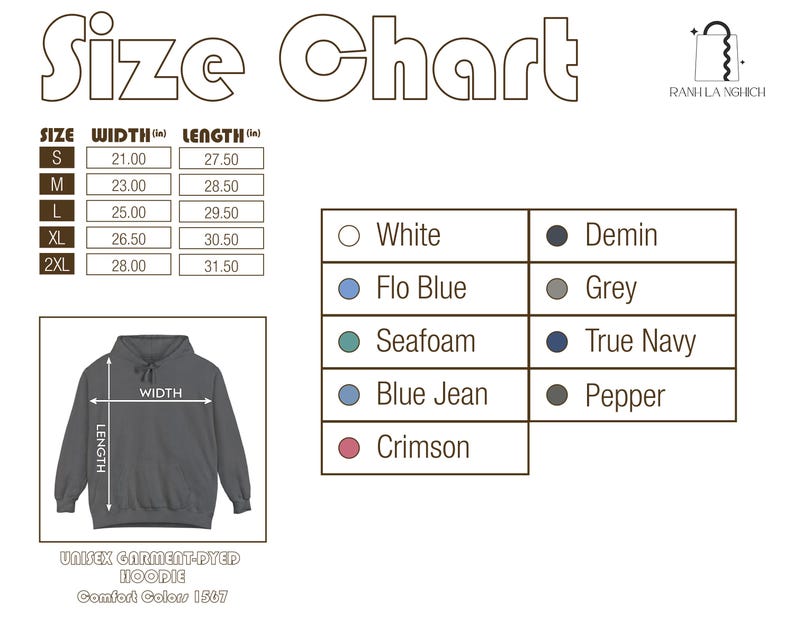 Pode incluir: Uma tabela de tamanhos para um moletom unissex tingido, Comfort Colors 1567. O gr&aacute;fico exibe medidas em polegadas para tamanhos de S a 2XL. As op&ccedil;&otilde;es de cores incluem Branco, Flo Blue, Seafoam, Blue Jean e Crimson.