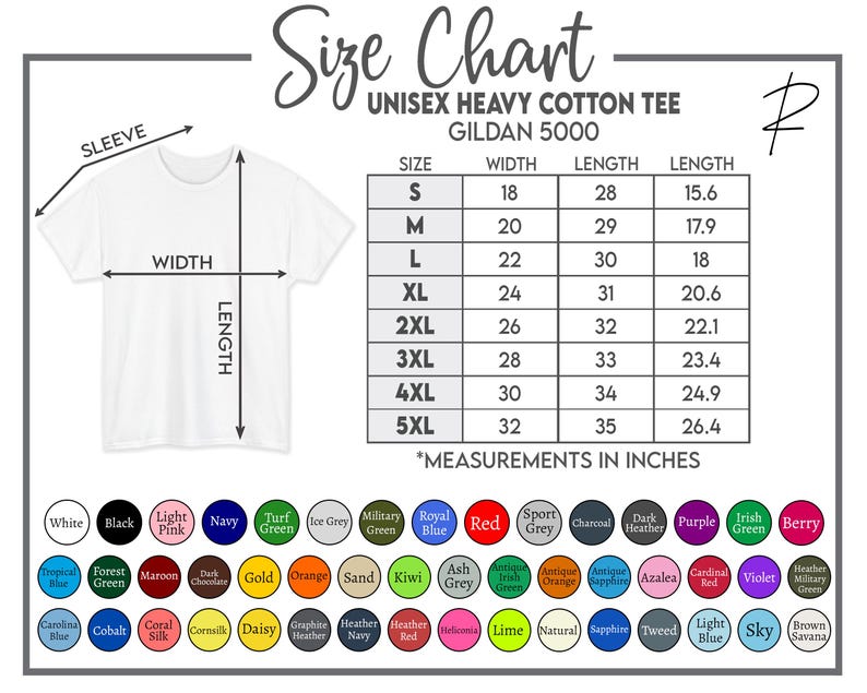 Pode incluir: Uma camiseta branca com uma tabela de tamanhos para uma camiseta unissex de algod&atilde;o pesado. A tabela inclui medidas em polegadas para os tamanhos S a 5XL. As op&ccedil;&otilde;es de cores s&atilde;o exibidas abaixo da tabela.
