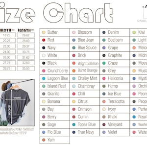 Op de afbeelding: Maattabel voor een unisex geverfd T-shirt, met afmetingen in inches voor maten S tot 4XL. Bevat een kleurenpalet met namen als "Butter", "Rood" en "Denim". Het T-shirt wordt op een hanger getoond.