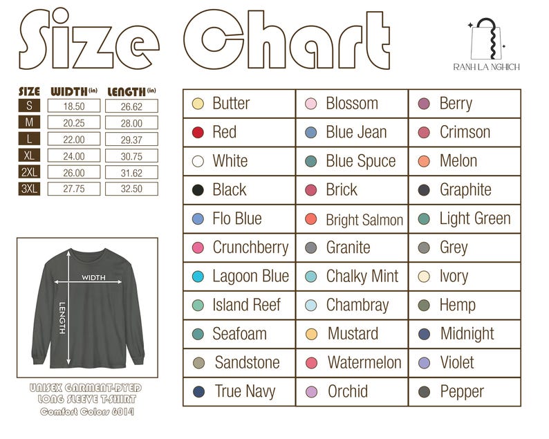 Op de afbeelding: Maattabel voor een unisex garment-dyed longsleeve t-shirt. De tabel bevat afmetingen in inches voor de maten S t/m 3XL. Er wordt ook een kleurenpalet weergegeven met namen als Butter, Red en Black.