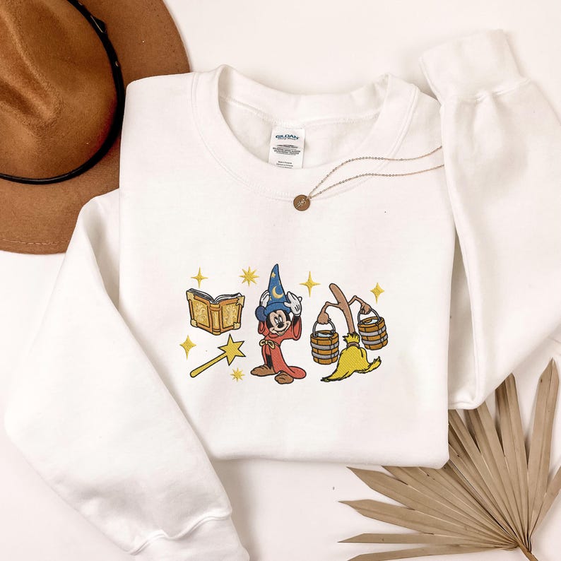 EMBROIDERED Vintage Disney Fantasia Mickey Sweatshirt, Sorcerer Mickey Shirt, Magic Mickey Shirt, Disneyland Family Matching Trip Shirts White