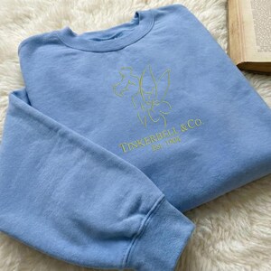Pode incluir: Camisola azul clara com um desenho verde claro da Sininho e o texto "Tinkerbell & Co. Est. 1900". A camisola tem gola redonda e mangas compridas. &Eacute; exibida sobre uma superf&iacute;cie branca e fofa. O desenho &eacute; bordado.