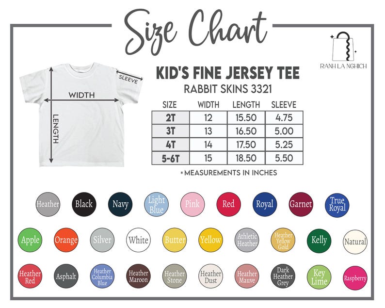 May include: White Kid's Fine Jersey Tee size chart with measurements in inches. The chart includes sizes 2T, 3T, 4T, and 5-6T, with corresponding width, length, and sleeve measurements. Color swatches are displayed below.