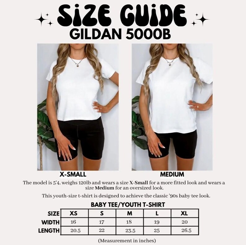 May include: A Gildan 5000B size guide for a white t-shirt. The graphic displays two photos of a white t-shirt paired with black shorts, labelled X-Small and Medium. A table lists sizes XS to XL with width and length measurements in inches.