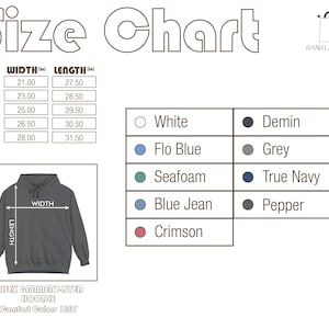 Op de afbeelding: Een maattabel voor een unisex garment-dyed hoodie, Comfort Colors 1567. De tabel toont de afmetingen in inches voor de maten S t/m 2XL. Kleuropties zijn Wit, Flo Blue, Seafoam, Blue Jean en Crimson. Extra kleuren zijn Demin, Grey, True Navy en Pepper.
