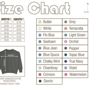 Pode incluir: Tabela de tamanhos para um moletom unissex tingido, Comfort Color 1566. Inclui medidas em cm para os tamanhos S a 3XL. As op&ccedil;&otilde;es de cores s&atilde;o listadas, incluindo Butter, White, Flo Blue, Seafoam, Blue Jean e mais.