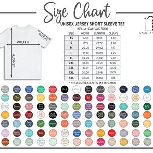 May include: A white t-shirt with size chart details, including width, length, and sleeve measurements in inches. The chart lists sizes XS to 5XL. Color swatches are displayed below the chart.