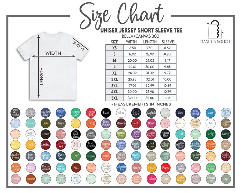 May include: A white t-shirt with size chart details, including width, length, and sleeve measurements in inches. The chart lists sizes XS to 5XL. Color swatches are displayed below the chart.