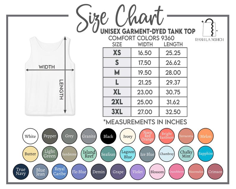 Op de afbeelding: Maattabel voor een unisex tanktop, geverfd. De tabel bevat maten van XS tot 3XL met bijbehorende breedte- en lengtematen in inches. Kleurstalen worden onder de tabel weergegeven.