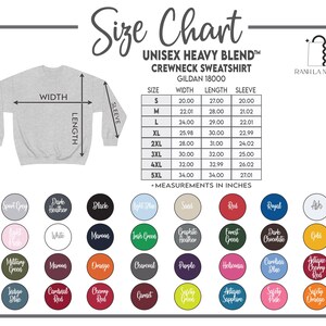 Pode incluir: Tabela de tamanhos para um moletom unissex de gola redonda Heavy Blend, Gildan 18000. A tabela mostra as medidas em polegadas para os tamanhos S a 5XL, incluindo largura, comprimento e dimens&otilde;es da manga. Op&ccedil;&otilde;es de cores.