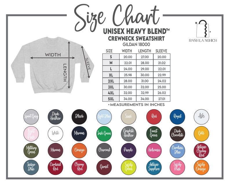 Pode incluir: Tabela de tamanhos para um moletom unissex de gola redonda Heavy Blend, Gildan 18000. A tabela mostra as medidas em polegadas para os tamanhos S a 5XL, incluindo largura, comprimento e dimens&otilde;es da manga. Op&ccedil;&otilde;es de cores.