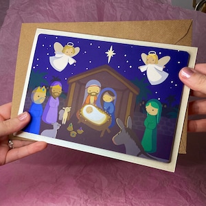 Tarjeta navideña hecha a mano - Feliz Navidad religiosa - Tarjetas de felicitación navideñas cristianas con alegría de nieve - Decoración festiva de belén con arte original