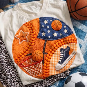 Könnte beinhalten: Ein weißes T-Shirt mit einem Basketball-Applikation. Die Applikation zeigt einen Basketball, einen Stern, einen Basketballkorb, einen blau-weißen Sternbereich und einen Turnschuh. Andere Sportgeräte sind im Hintergrund.