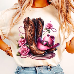 Botas de Dia dos Namorados Chapéu de Cowgirl e Rosas Png Design de Sublimação, Botas de Dia dos Namorados Png, Dia dos Namorados Ocidental Png, Downloads Digitais