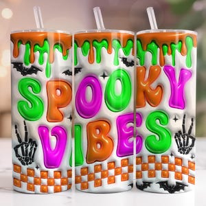 3D Inflated Halloween Tumbler Wrap, Spooky Vibes Tumbler Wrap, Halloween 20 oz Skinny Tumbler Sublimation Design,Halloween Puffy Tumbler PNG
