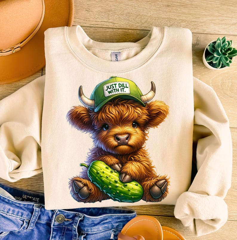 May include: A beige sweatshirt with a cartoon illustration of a brown Highland cow wearing a green baseball cap that says "Just Dill With It." The cow is holding a green pickle.